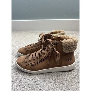 UGG Olive High-Top Sneaker Chestnut Newbuck Leather Sheepskin Cuff Women Size 9